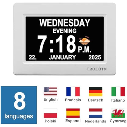 TROCOTN dementia clock, digital clock with date and day for elderly, day date large display calendar (7 Inches White)