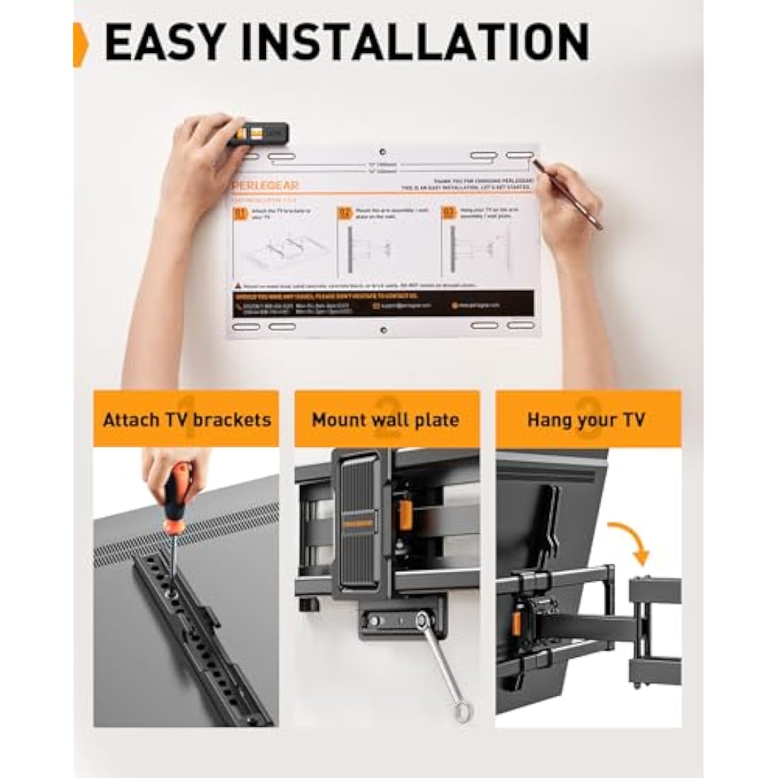 Perlegear TV Wall Bracket for 42–84 Inch Flat/Curved TVs up to 60 kg, Tilt and Swivel Wall Brackets with Dual Arms, Full Motion TV Wall Mount Max VESA 600x400mm, PGLF12