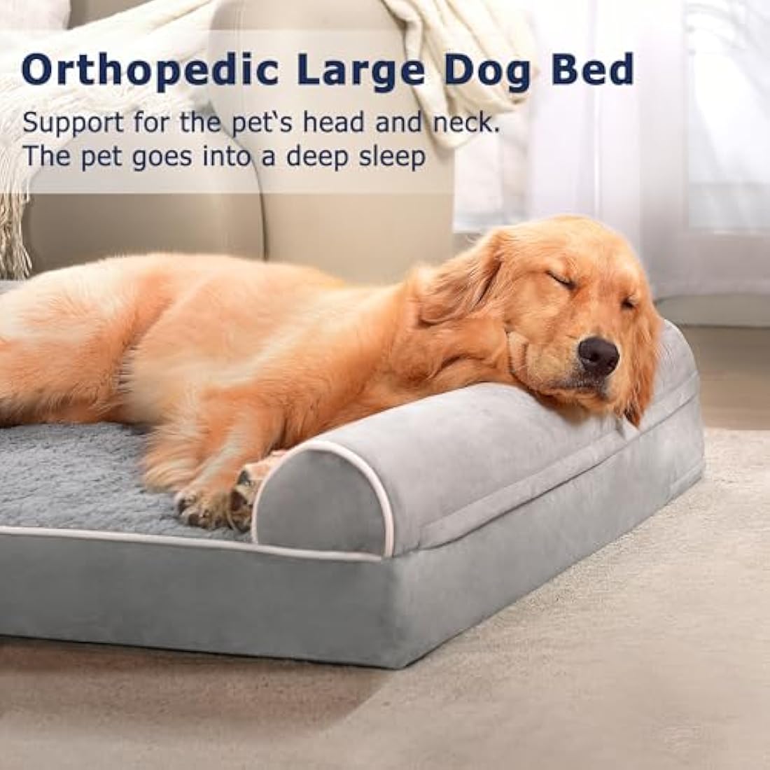 WESTERN HOME Dog Beds Large Washable,Soft Orthopedic Dog Beds with Removable Washable Cover,Extra Large Waterproof with U-Shape Bolster Grey, 91 x 68 x 17 cm
