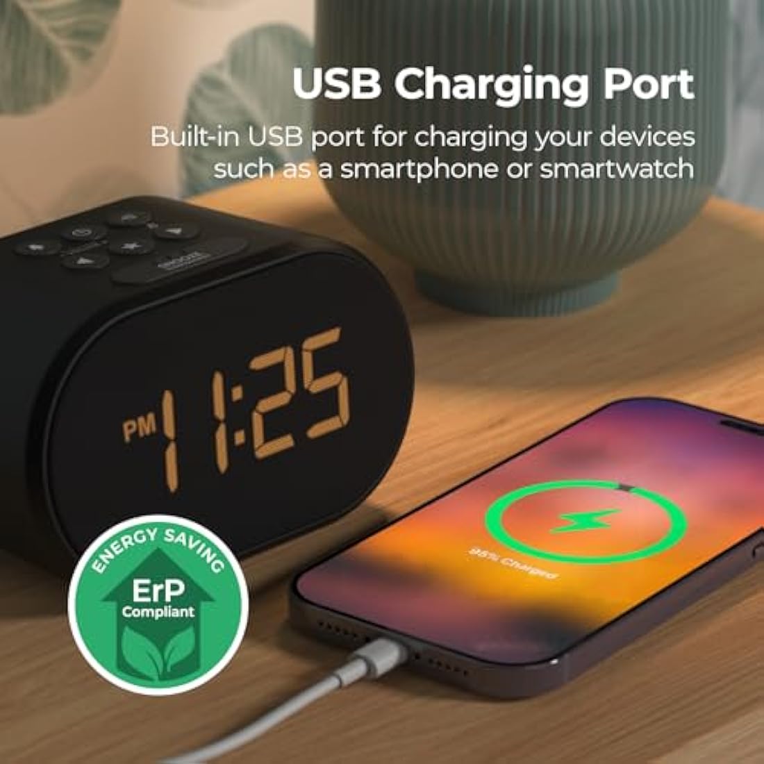 i-box Alarm Clocks Bedside, Radio Alarm Clock, Mains Powered or Battery, FM Radio, USB Charging Port, 5 Step Dimmable Display, Non Ticking, LED Display (Black)