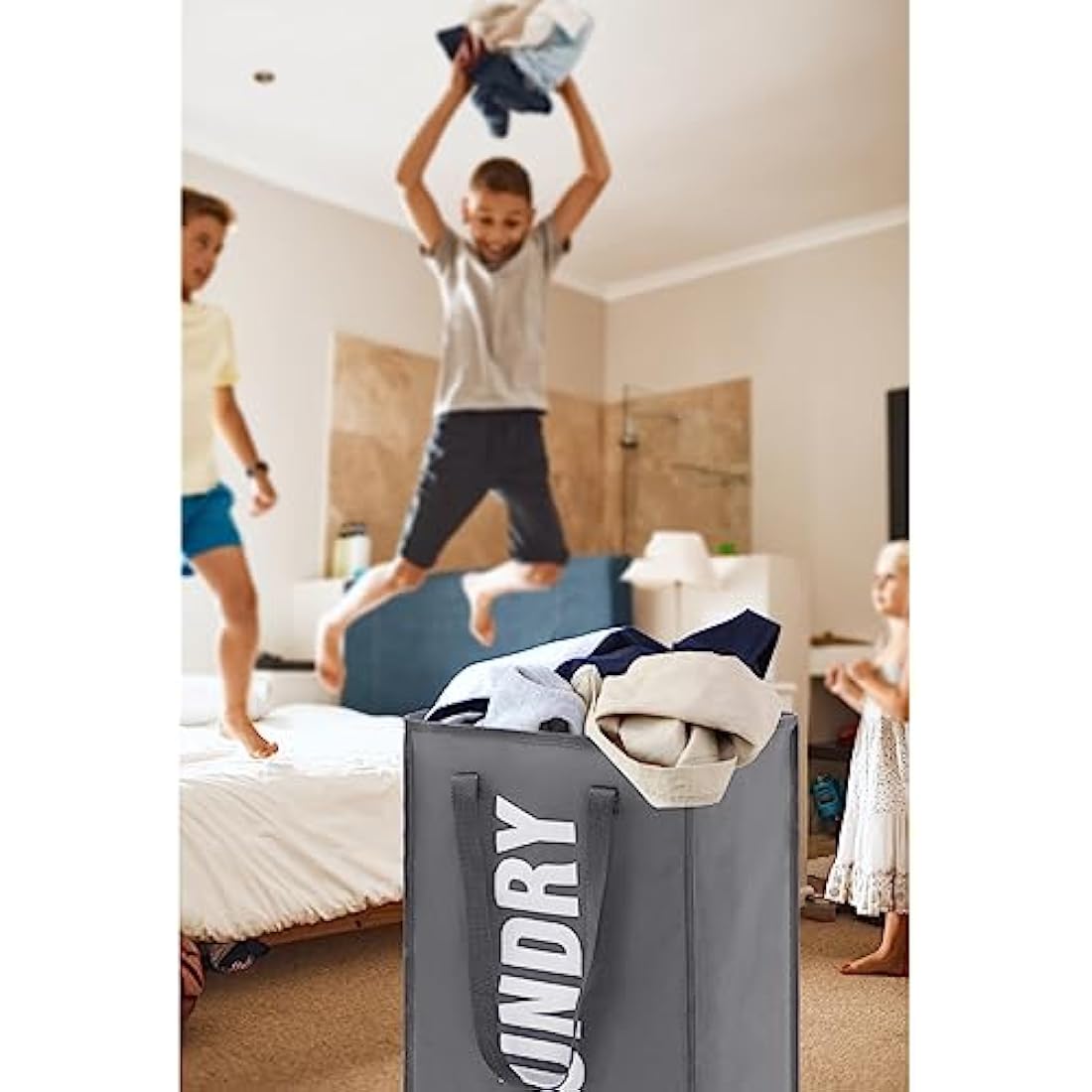 Maxsilan 50L Laundry Basket with Extended Handle, Collapisable Laundry Bag, Foldable Laundry Hamper, Folding Washing Storage Bin, Dark Grey