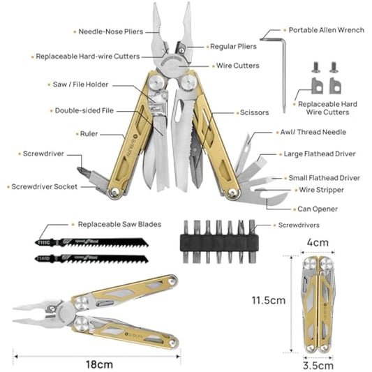 BIBURY Multitools, Multi Tool Foldable Pliers with Upgraded Scissors and Screwdriver Set, Stainless Steel Multitools, Ideal for Camping, Outdoor, Repairing -Gift for Dad Men -Titanium Plating Gold Pro
