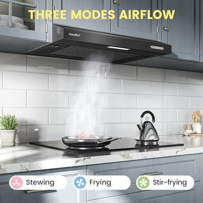 COMFEE' 60 cm Visor Cooker Hood SLIF17B-60 LED Extractor Hood Under Cabinet Hood Wall Mounted Extractor Fan 600 mm Top Vented Range Hood - Black KWH-SLIF17B-60