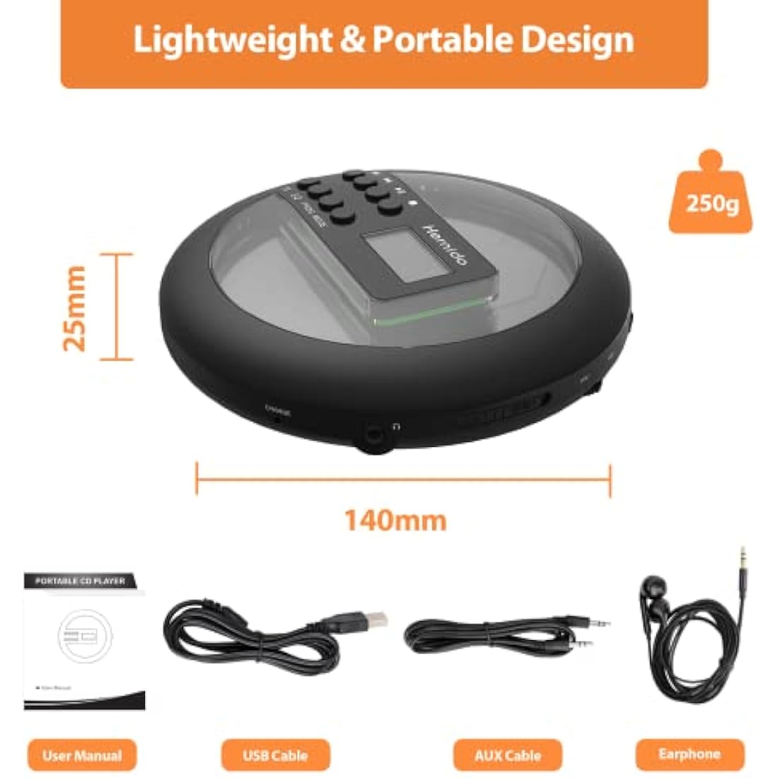 Hernido Portable CD Player for Car, Compact Disc Personal CD Player with FM Transmitter, USB Rechargeable CD Player with Headphones, Shockproof/Resume Playback Walkman