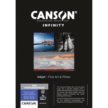 CANSON Infinity Rag Photographique Ultra Smooth 210gsm A4 Paper, Digital Fine Art Reproduction, 25 Pure White Sheets, Ideal for Professional Photographers