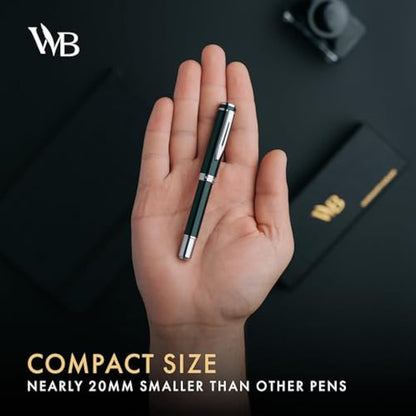 Wordsworth and Black Fountain Pen Mini EDC: Luxury Green Heavy Pocket Pen, Chrome Finish, Medium Nib, 6 Ink Cartridges, Ink Converter, Travel Refillable Writing Pen Gift Set, Men & Women