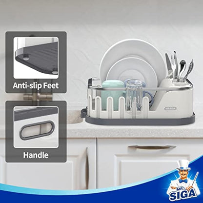 MR.SIGA Dish Drying Rack for Kitchen Counter, Compact Dish Drainer with Drainboard, Utensil Holder and Cup Rack, Plastic Kitchen Drying Rack for Dishes, Cups, Knives, Spoons and Forks, White