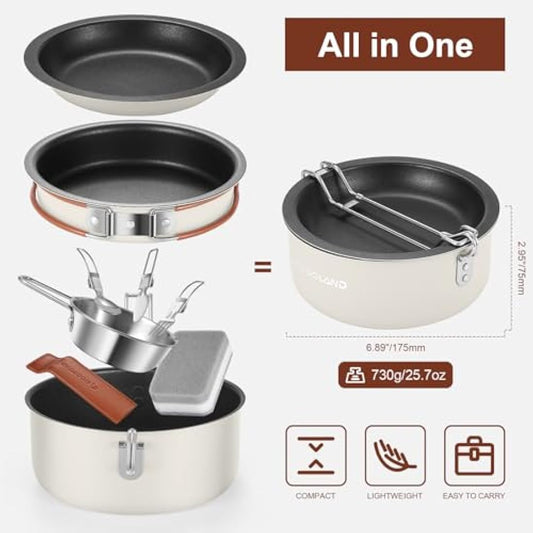Odoland 10 pcs Camping Cookware Set, Non-Stick Lightweight Cooking Set with Plates Bowls Forks Knives and Spoons - Perfect for Backpacking, Camping, Hiking and Picnicking Milk White