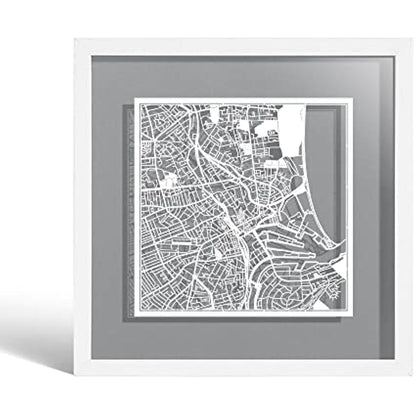 O3 DESIGN STUDIO Aberdeen Paper Cut Map framed, White map, White frame, 23x23 cm, Gift Boxed, 4 background color, self-changing, Paper Art