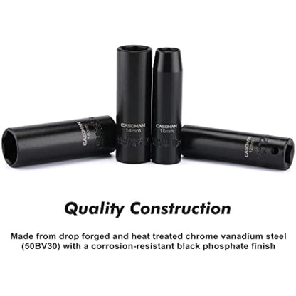 CASOMAN 3/8-Inch Drive Impact Socket Set, 6-Point, Metric, Deep, CR-V, 7mm to 19mm, 13 Piece Set