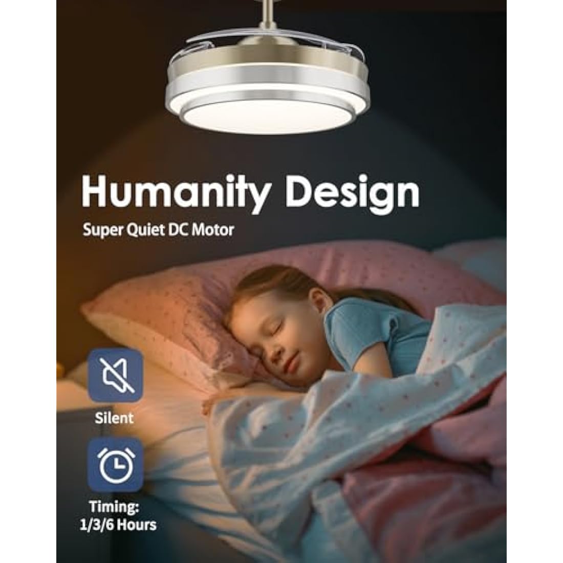 CJOY Ceiling Fans with Lights and Remote, Ceiling Fan with Retractable Blades, 42 inches Ceiling Fans with Lamps Invisible Reversible DC Motor Silent, Fan Light LED for Bedroom, 6 Speeds, Timing