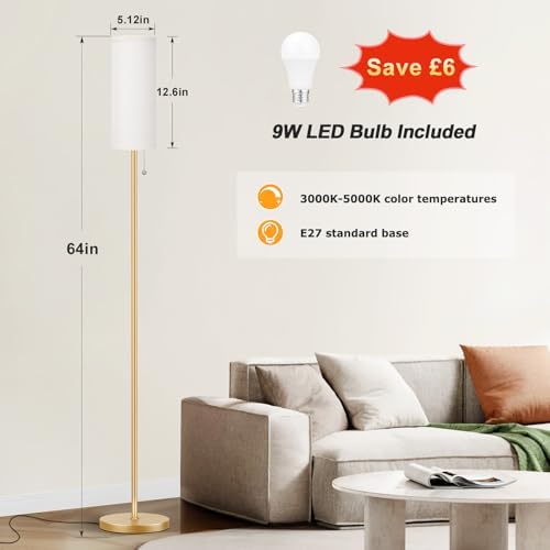 Aooshine Gold Floor Lamp for Living Room with 3 Color Temperatures Bulb, 64" Standing lamp with Linen lampshade for Bedroom, Minimalist Pole Lamp, Beige Shade & Gold Pole(Bulb Included)