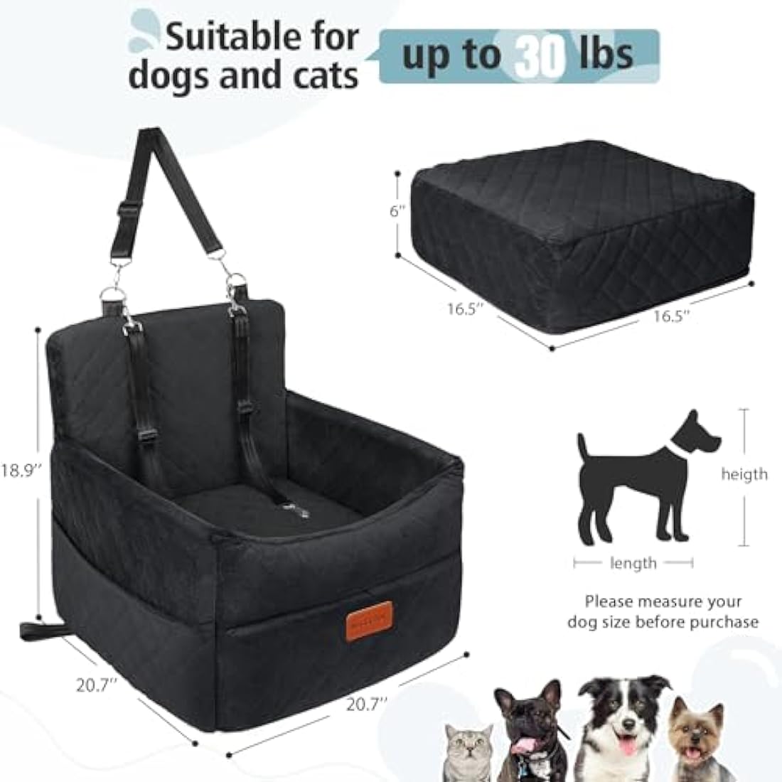 HEGGCOOE Small Dog Car Seat, Memory Foam Dog Booster Seats with Thick Cushion for Medium Dogs Under 35lbs, Detachable Washable Pet Car Seat with Storage Pockets,2 Safety Belts