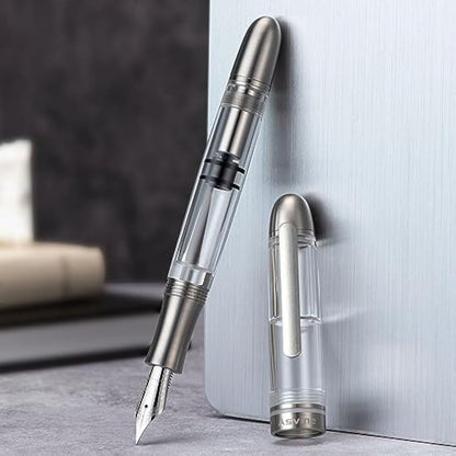 Asvine P36 Titanium Fountain Pen Piston Filling, Iridium Fine Nib Clear Transparent Acrylic Smooth Writing Pen Case Set, Torpedo shape