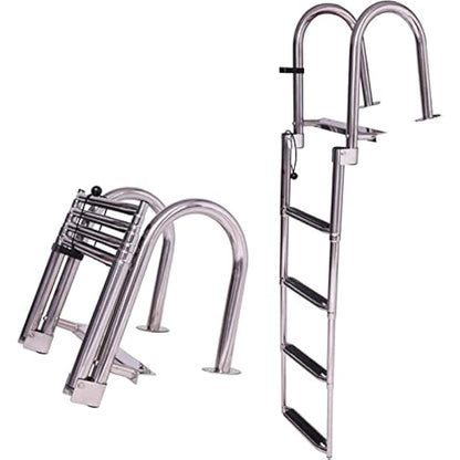 KAOLALI Boat Ladder 4 Steps, Pontoon Boat Ladder Foldable Stainless Steel Marine Rear Entry Telescoping Ladder with Wide Steps Swim Deck Ladder with Pedal Hand Railing Lad Capacity 200 kg