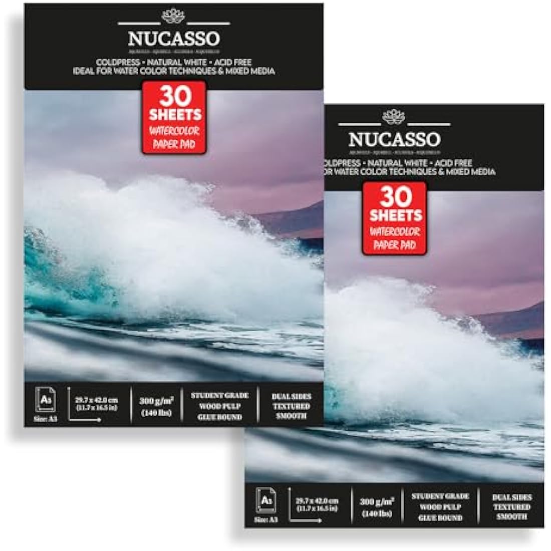 NUCASSO Watercolour Paper Pad - Pack of 2 - A3 x 30 Sheets – Natural White 300 GSM Student Grade, Cold-Pressed, Glue Bound Water Colour Sketchbook for Wet, Dry & Mixed Media (30 Sheets x 2 Packs)