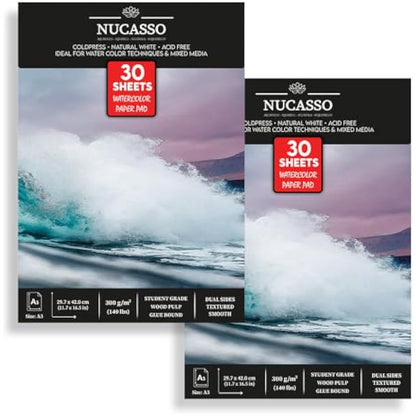 NUCASSO Watercolour Paper Pad - Pack of 2 - A3 x 30 Sheets – Natural White 300 GSM Student Grade, Cold-Pressed, Glue Bound Water Colour Sketchbook for Wet, Dry & Mixed Media (30 Sheets x 2 Packs)