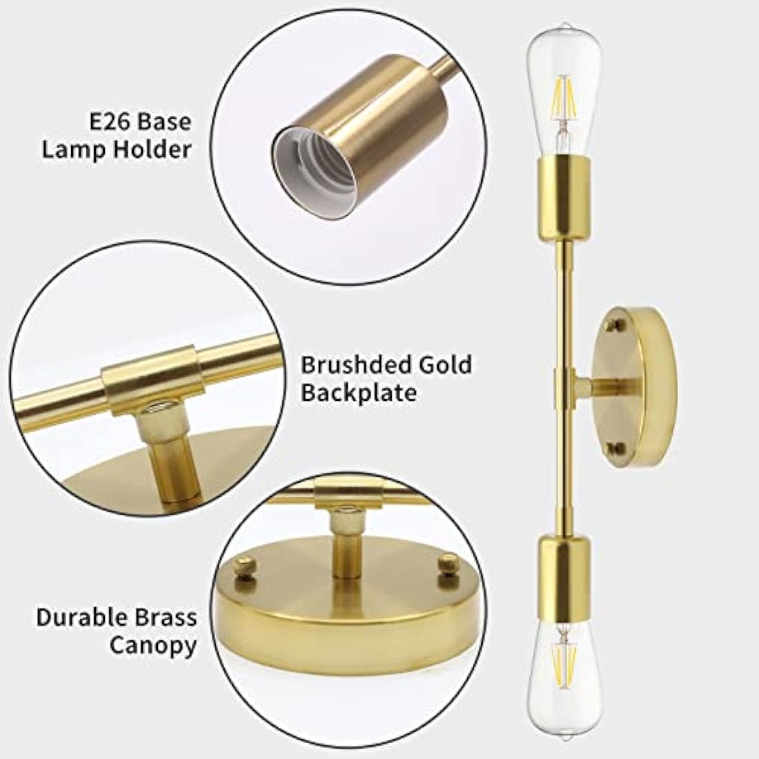 Brushed Gold Wall Sconces, Dual Socket E27 Lampholder Vanity Wall Lights Wall Lighting Fixtures for Bathroom,Living Room,Bedside, Set of 2(No Bulbs)