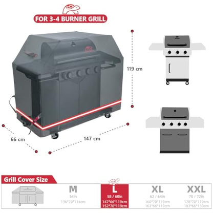 Turtle Life BBQ Grill Cover, 58 Inch Heavy Duty Waterproof 3-4 Burner Barbecue Gas Grill Covers for Weber Spirit Char-Broil Performance and Signature, No Fading Within 2 Years, Black 147x66x119cm