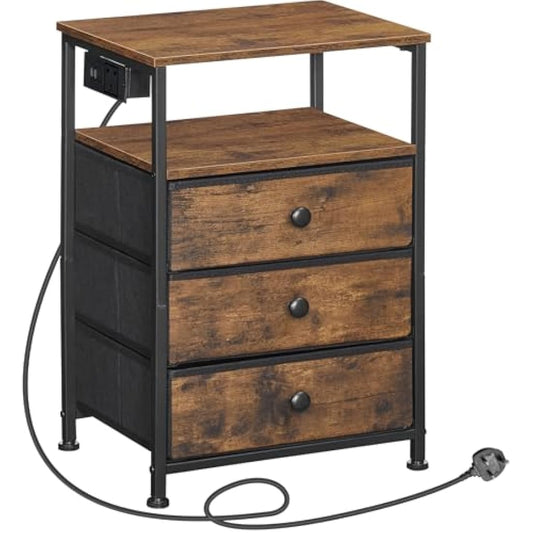 HOOBRO Bedside Table with Charging Station, End Table with 3 Fabric Drawers, Sofa Side Table with USB Ports and Socket, Nightstand for Bedroom, Living Room, Rustic Brown and Black EBF403KBZ01