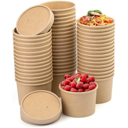 BUOKKON 50 Pack Ice Cream Containers, Soup Containers with Lids, Disposable Cups with Lids, Brown Kraft Soup Cups Paper Bowls Takeaway Tubs for Dessert (12oz / 350ML)