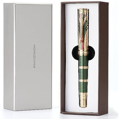 Hongdian D5 Qin Dynasty Fountain Pen Green Gold, Fine Nib Piston Filling Pen with Box Set