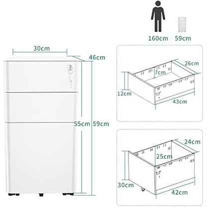 YITAHOME File Cabinet Metal with 3 Lockable Drawers, Mobile Filing Cabinet for Home Office, Under Desk File Office Drawers for Letter/Legal/A4, Fully Assembled, White, 30 x 46 x 59cm