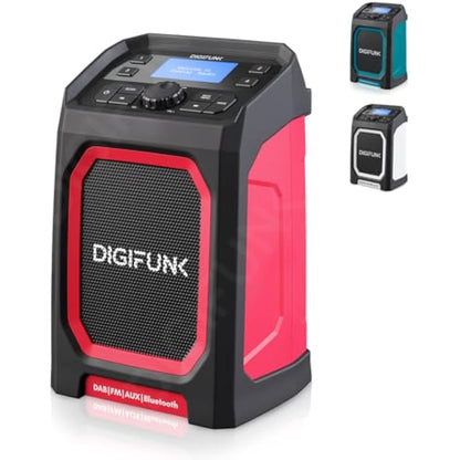 DigiFunk Work Site Radio | USB Rechargeable | DAB+, DAB, FM, Bluetooth, AUX Input | IP65 Waterproof Rugged Durable Design | Perfect for Builders, Outdoors, Warehouse, Garage, DIYer, Shed | Red