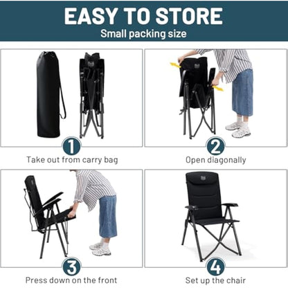 TIMBER RIDGE Folding Camping Chairs 2 Set for Adults Adjustable Heavy Duty Outdoor Chair 4-Position, High Back Oversized Garden Chair Recliner Luxury for Dining Beach Picnic, Support 150kg, Black