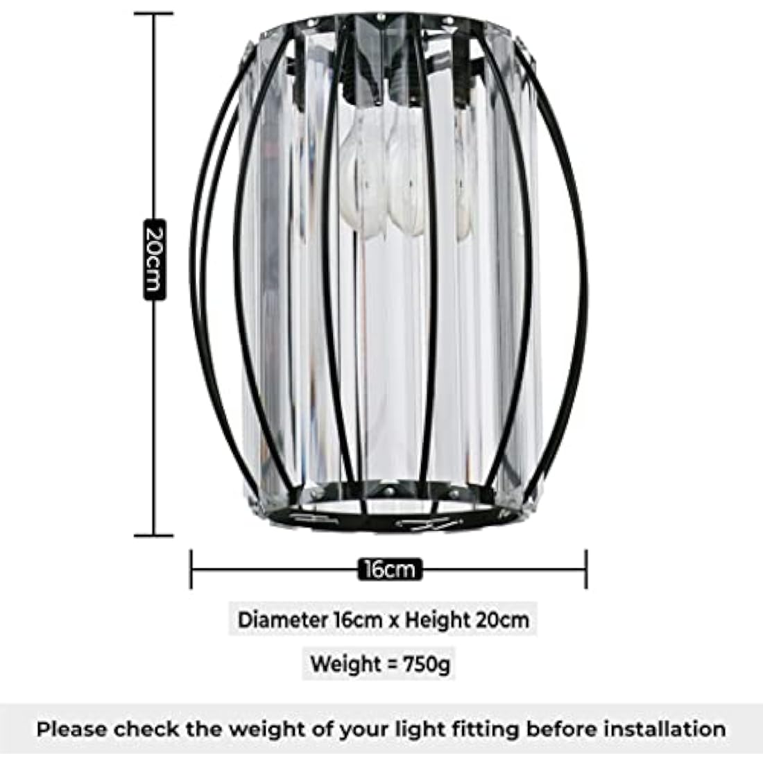 GIGGI Small Black Crystal Light Shade 16cm x 20cm, Cylinder Shape with Oval Rings, Lampshades for Ceiling Lights & Bedside Lamps, Lamp Shades for Bedroom, Living Room, Kitchen, Hallway