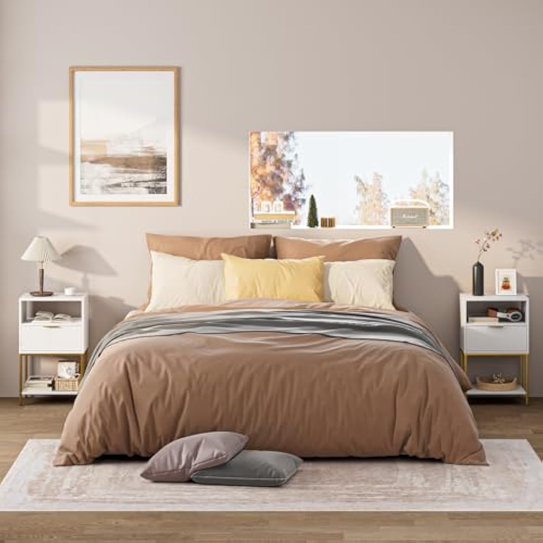 HEYZOEY Bedside Table, Small Bedside Cabinet with Drawer and Storage Shelf, 25.4" H Tall Nightstand End Sofa Side Table with Gold Frame for Bedroom, Living Room, White