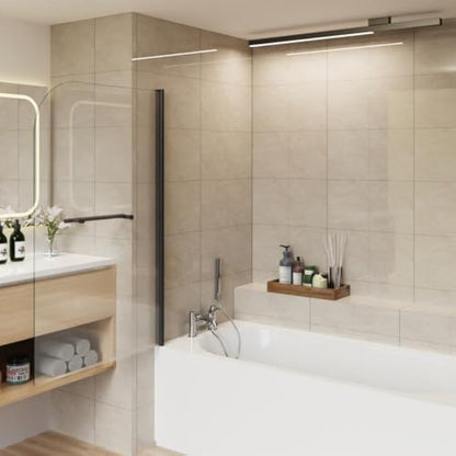 Aquariss 800x1400 Bath Screen Pivot Bath Shower Easy Clean Glass Screen Reversible Door Panel Black with Towel Rail