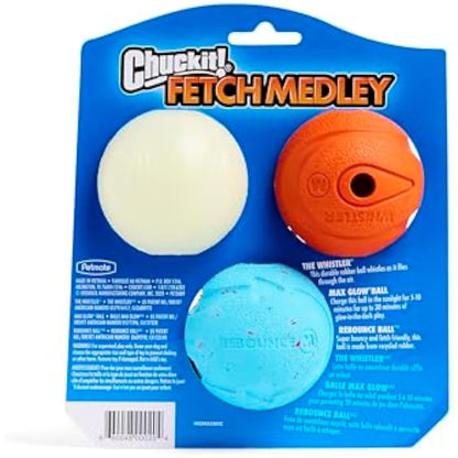 ChuckIt! Fetch Medley Gen 1 Rubber Dog Balls, The Whistler, Max Glow & Rebounce Balls for Dogs, Durable High Bounce Launcher Compatible Dog Toy, Medium, 3 Pack