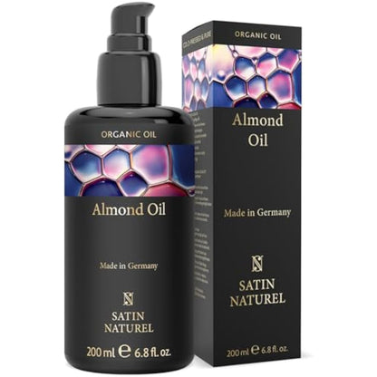 Satin Naturel Organic Almond Oil 200ml – Cold-Pressed, 100% Pure & Natural – Rich in Vitamins for Skin, Hair & Nails – Vegan Natural Cosmetic in Glass Bottle