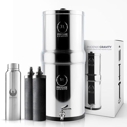 PHOENIX GRAVITY 8-Litre Stainless Steel Gravity Water Filter NSF Certified AISI 304 Countertop Water Filter System with 2 Smart (Black) Carbon Cartridges, Free Water Tap, No Power Or Plumbing Required