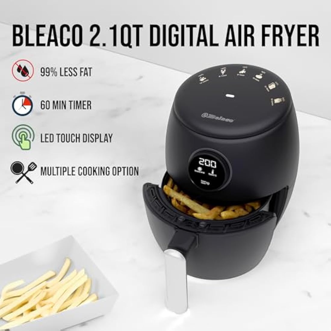 Belaco Air Fryer, 2L Digital Display, Rapid Air Circulation, Air Fryers, 60 Min Timer, Adjustable Temperature, Dishwasher Safe Basket BEL-AF-02