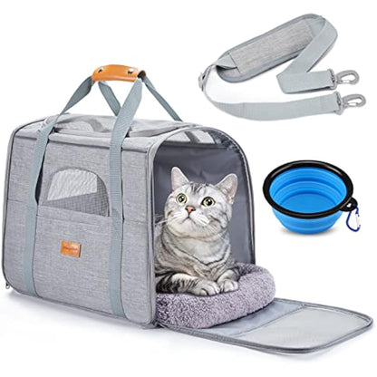 Morpilot Cat Carrier, Airline Approved Pet Carrier, Portable Dog Bag Carrier, Breathable Small Pet Carrier Travel Cage with Adjustable Shoulder Strap and Pet Bowl Light Grey