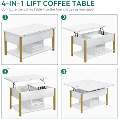 YITAHOME Lift Top Coffee Table with Drawers, 4 in 1 Multi-Function Liftable Coffee Table with Storage Space, Converts to Dining Table for Living Room Dining Room, White Marble