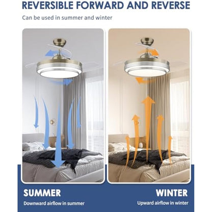 CJOY Ceiling Fans with Lights and Remote, Ceiling Fan with Retractable Blades, 42 inches Ceiling Fans with Lamps Invisible Reversible DC Motor Silent, Fan Light LED for Bedroom, 6 Speeds, Timing