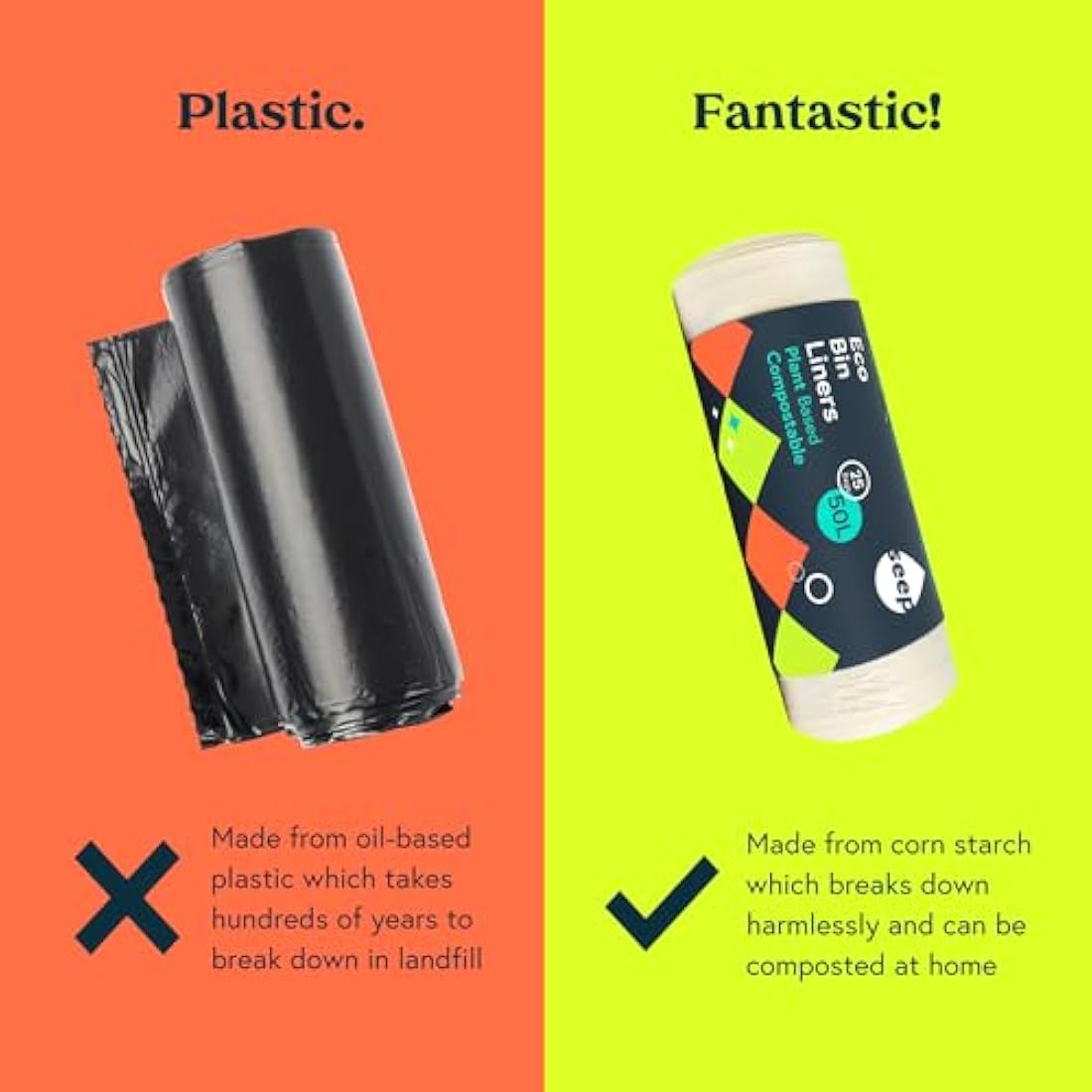 Seep Compostable 75 x 50 Litre Bin Bags - 50L Eco Friendly Bin Liners - Large Kitchen BinBags - 50L Biodegradable Clear Bags - | 3 Rolls