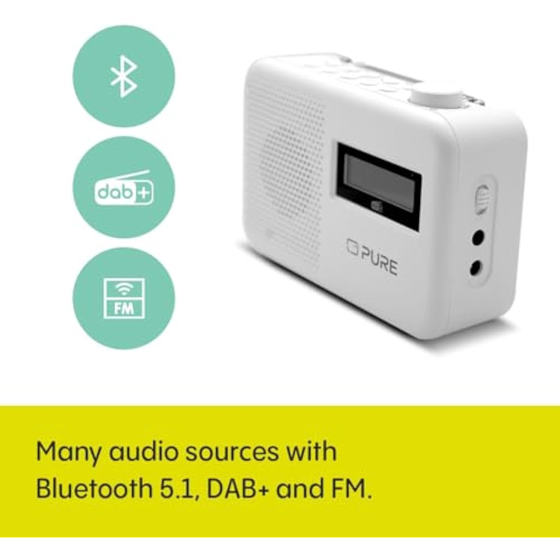 Pure Elan One2 portable DAB+/FM radio with Bluetooth 5.1 (LCD display, 10 preset buttons, can run with 4xAA batteries) Cotton White