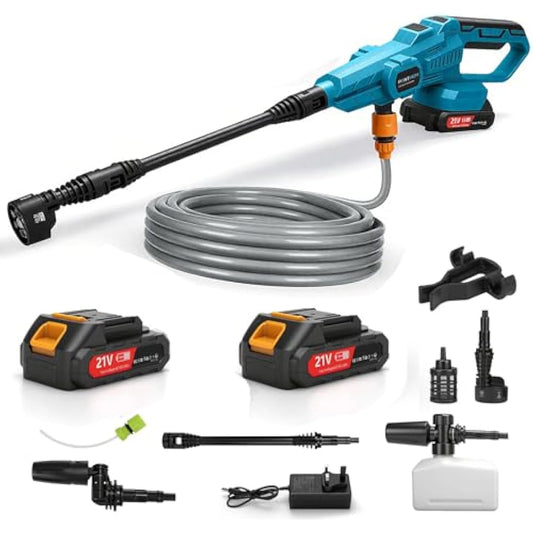 Cordless Pressure Washer Portable with 21V 2x Batteries, Portable High Power Washer Jet Wash Tool Cleaner with 6 IN 1 pray Nozzles, Soap Dispensing Bottle 5 m Washer hose for Car Garden Home Patio