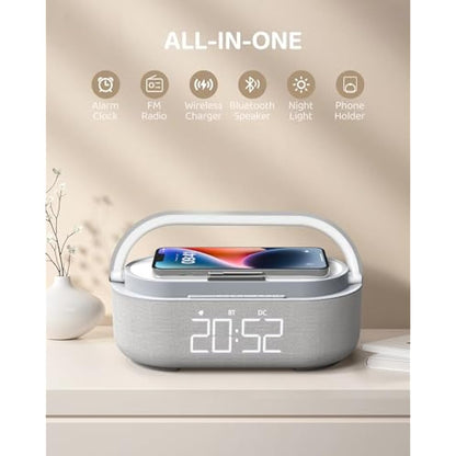 COLSUR Bluetooth Speaker with Radio, 15W Fast Wireless Charger, FM Radio, Bedside Night Light for Heavy Sleepers, Snooze, Dimmable LED Display, 2500mAh Battery USB Charging Port