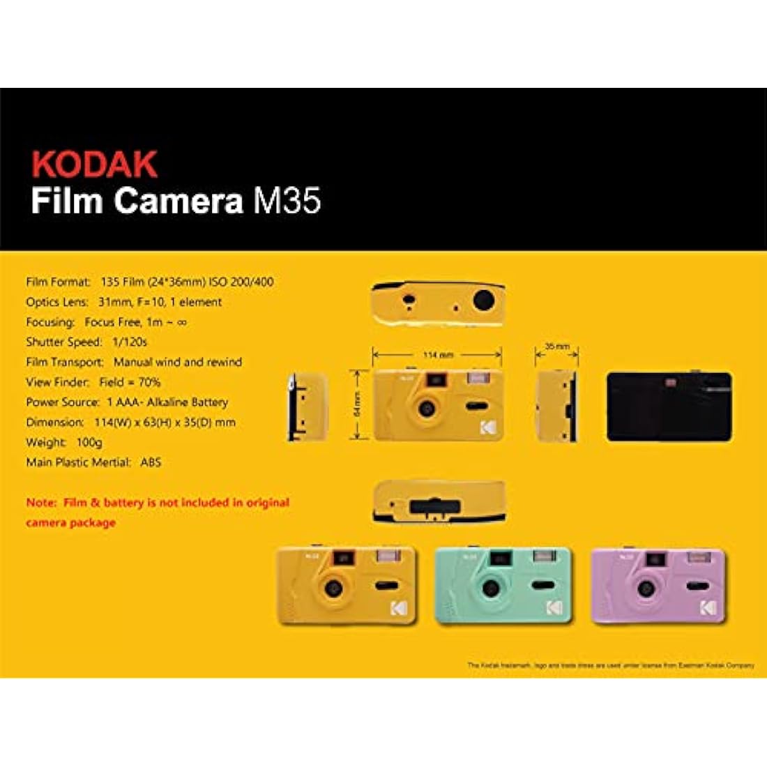 KODAK M35 DA00254-35mm Rechargeable Camera, Fixed Wide Angle Lens, Optical Viewfinder, Built-in Flash, AAA Battery - Olive Green