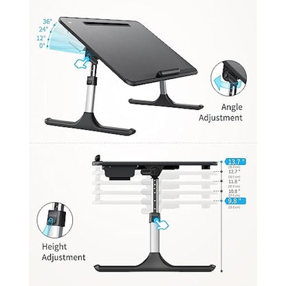 Laptop Desk, SAIJI 60 * 40cm Bed Table, Lapdesk, Height Angle adjustable, with Book Stand, Drawer, Tablet Slot, Breakfast Bed Tray for Sofa, Bed