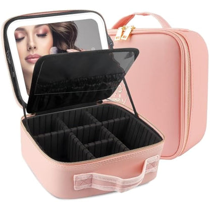 MOMIRA Travel Makeup Bag Cosmetic Bag Makeup Organizer Bag with Lighted Mirror, Adjustable Brightness in 3 Color Scenarios, Waterproof Makeup Train Case, Gift for Women - Pink