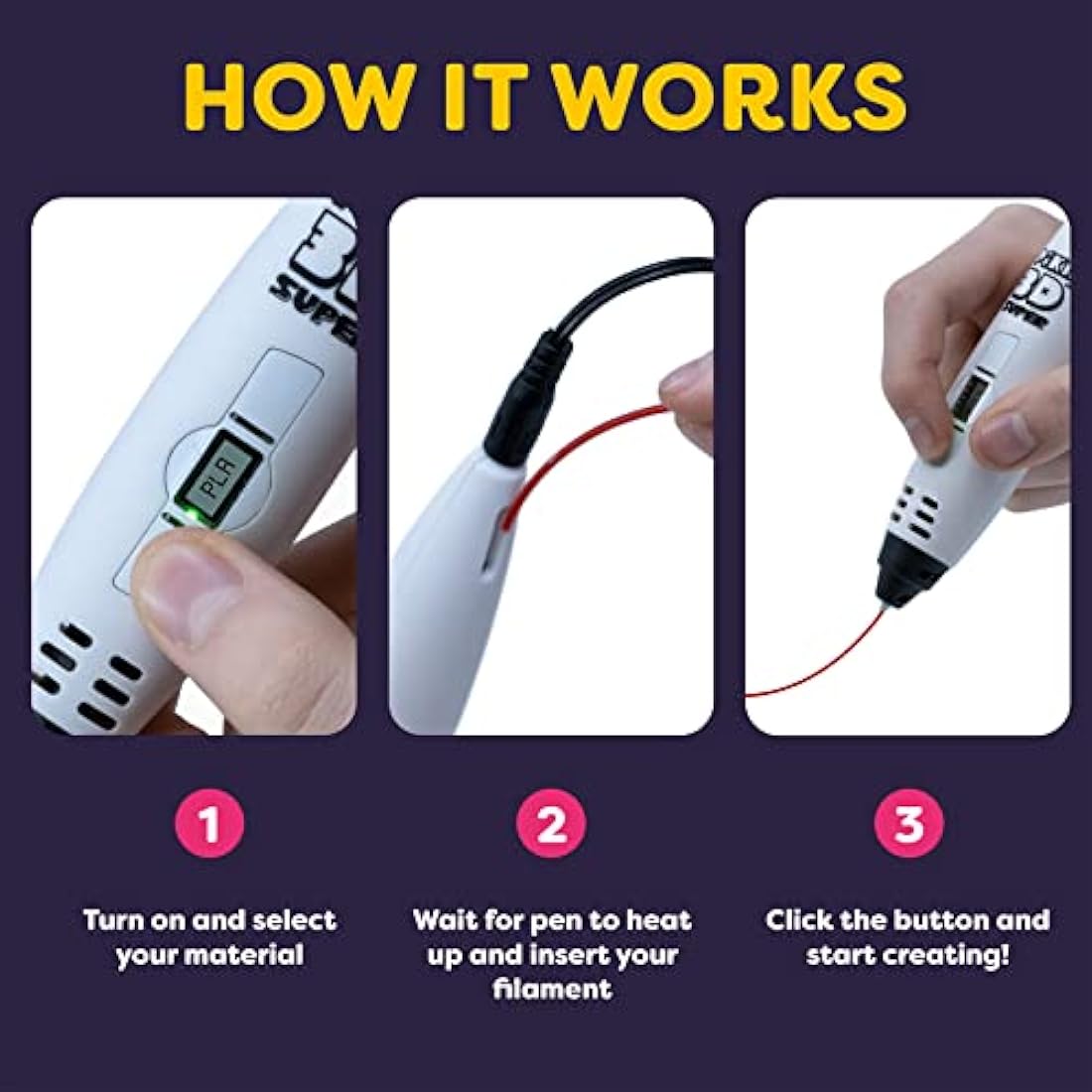 PIKA3D Super 3D PRINTING PEN - Includes 3D Pen, 4 Colors of PLA Filament Refill with Stencil Guide and User Manual, White