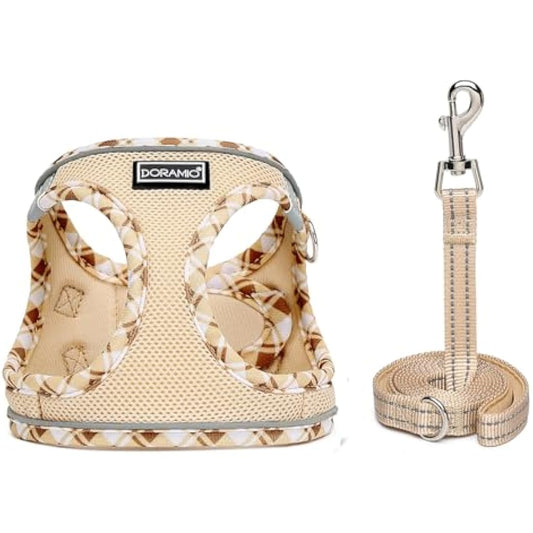 DORAMIO Step-in Dog Harness and Leash Set, Soft Mesh No-Chock Reflective Breathable Easy Walk Lightweight Vest Harnesses with Safety Buckle for Small Dogs, Cats, Puppies (Beige Yellow, XXS)