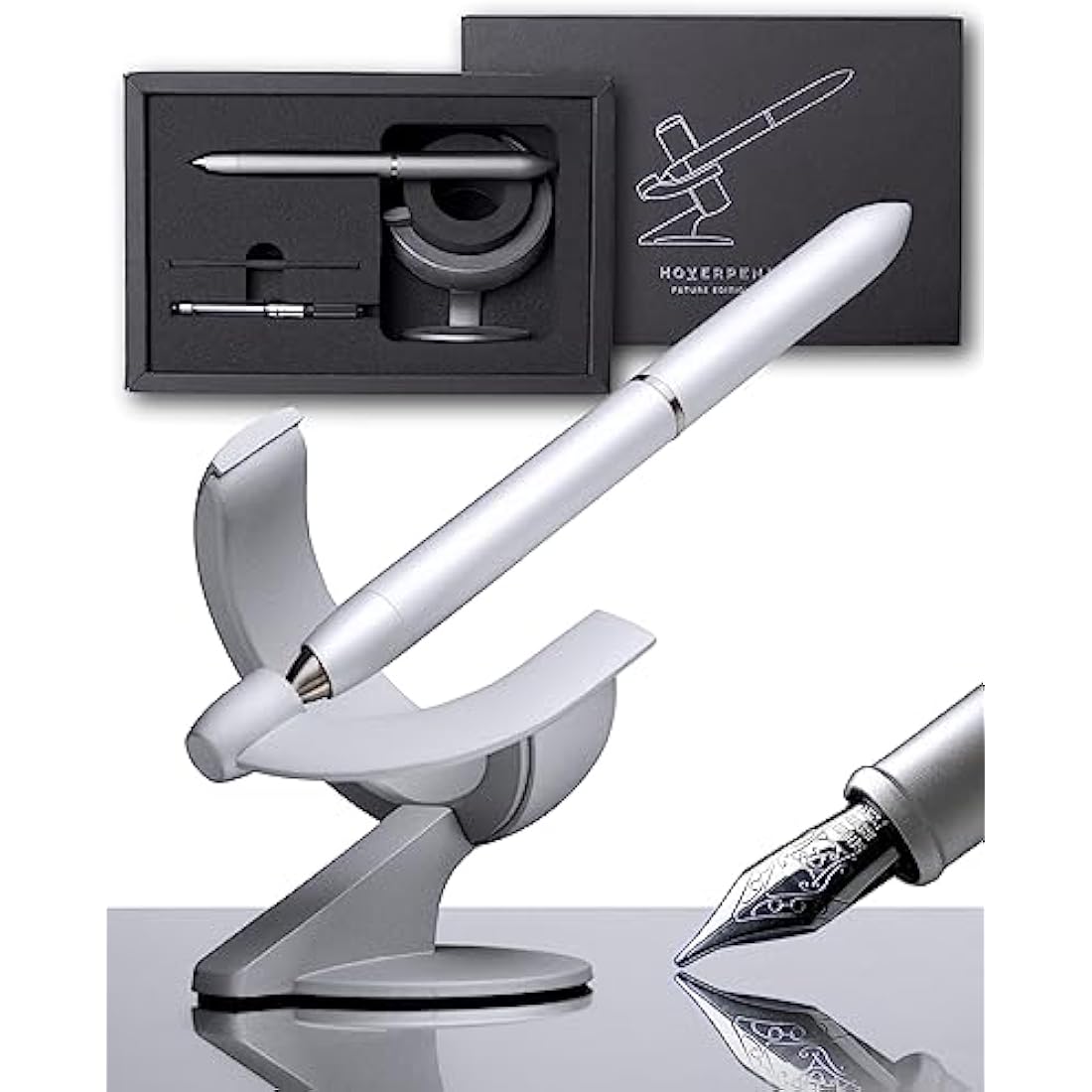 novium Hoverpen 3.0 Future Edition - Men's Luxury Pen, Fine Nib, Unique High-Tech Space Inspired Design, Futuristic Aesthetic, Free Spinning Executive Pen (Frost Silver)