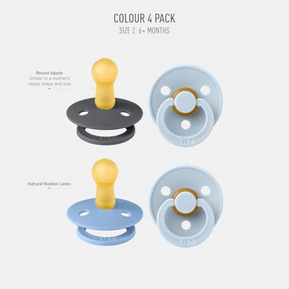 BIBS Dummies Colour 4-Pack, BPA Free Dummy Pacifier, Round Nipple Soothers, Natural Rubber Latex, Made in Denmark. 6-18 Months (Pack of 4), Baby Blue Colours